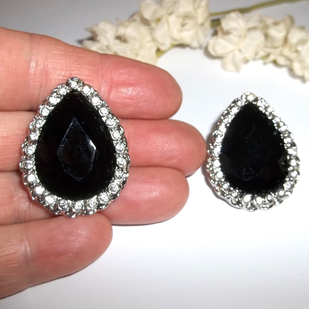 Glamorous Earring Set Teardrop Faux Black Onyx Teardrop & White Rhinestones A877